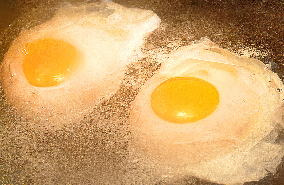 A startled pair of eggs poaching in a pan