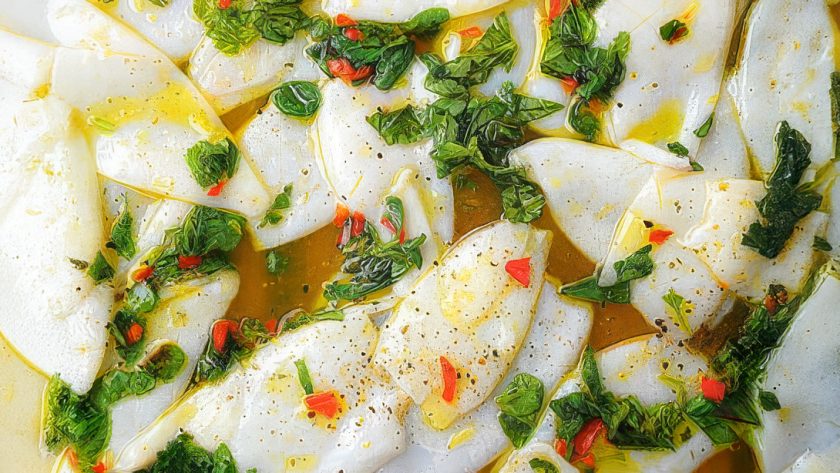 Seared Squid with Roasted Pepper Sauce