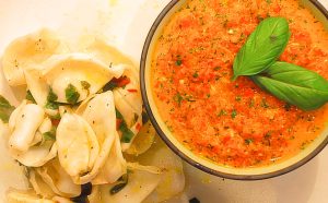 Seared Squid with Roasted Pepper Sauce