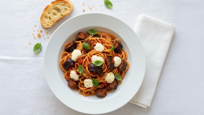 Spaghetti with Aubergine, Mozzarella & Basil