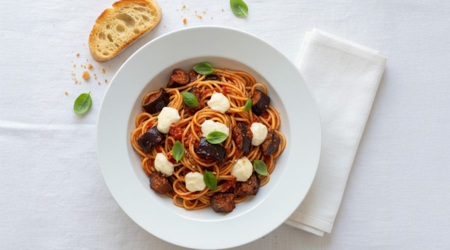 Spaghetti with Aubergine, Mozzarella & Basil