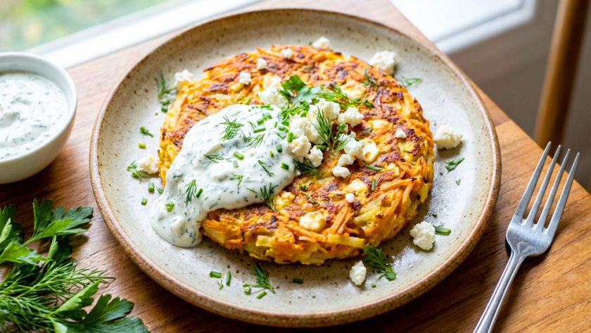 Potato, Carrot & Feta Rosti with Herbed Yoghurt Sauce