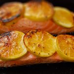 Lemon salmon with minted crushed peas