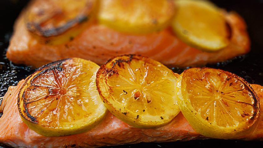 Lemon salmon with minted crushed peas