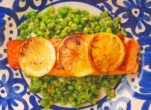 Lemon salmon with minted crushed peas