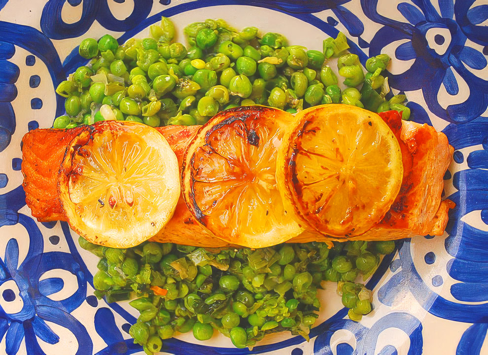 Lemon salmon with minted crushed peas