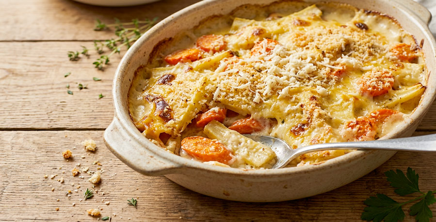 Carrot, Parsnip & Horseradish Gratin
