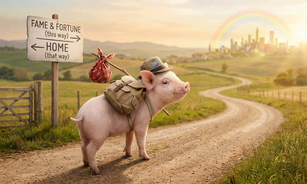 A piglet sets off to Parma is search of fame and fortune
