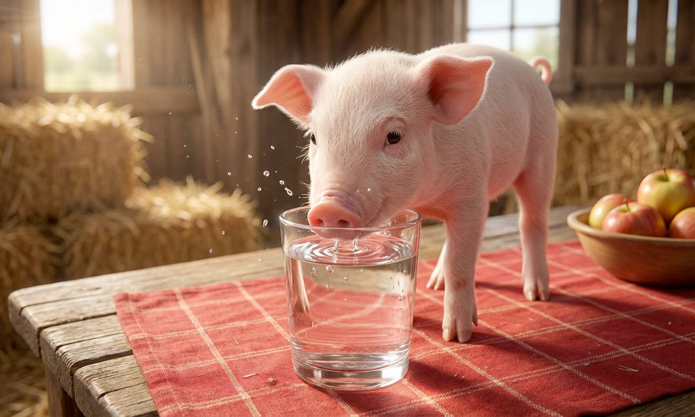 Piglet drinking a glass of water.