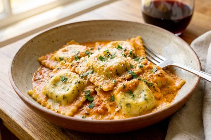 Ricotta & Parsley Ravioli with Tomato & Cream Sauce