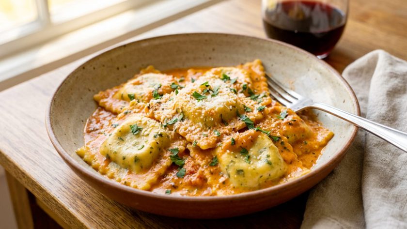 Ricotta & Parsley Ravioli with Tomato & Cream Sauce