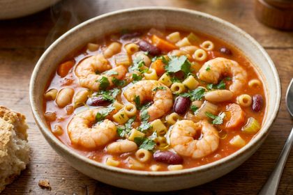 Gently Spiced Bean, Pasta & Prawn Soup