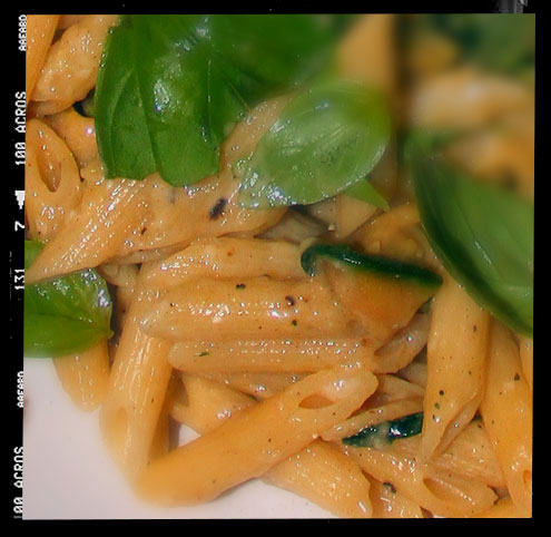 Pasta with Courgette, basil, parmesan and a beaten egg yolk.