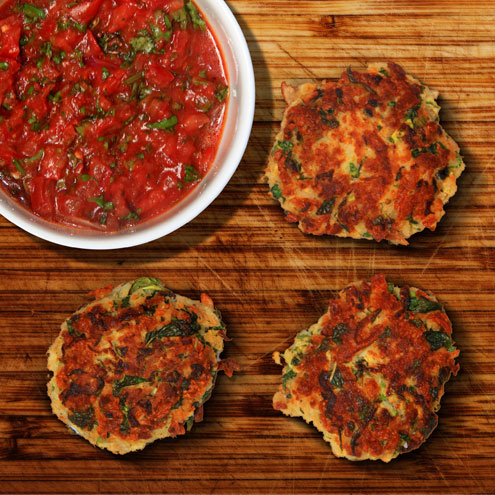 Courgette & halloumi falafels with spicy tomato salsa