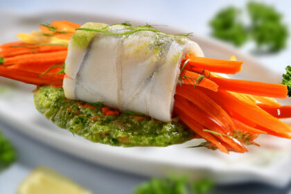 Plaice wrapped vegetables with Salsa Verde