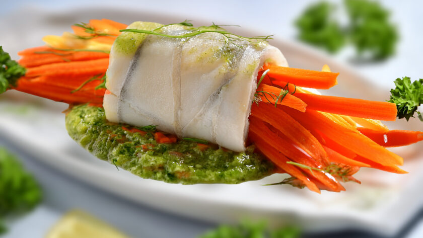 Plaice wrapped vegetables with Salsa Verde